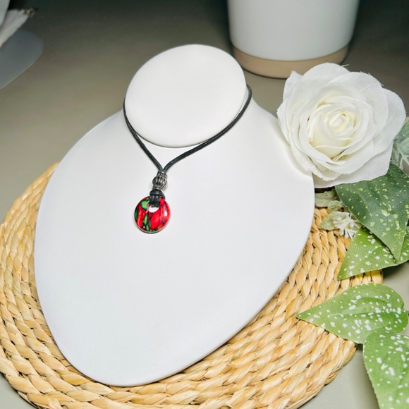 Artisan made Enameled Wooden Pendant Choker Necklace - Picture 6 of 9